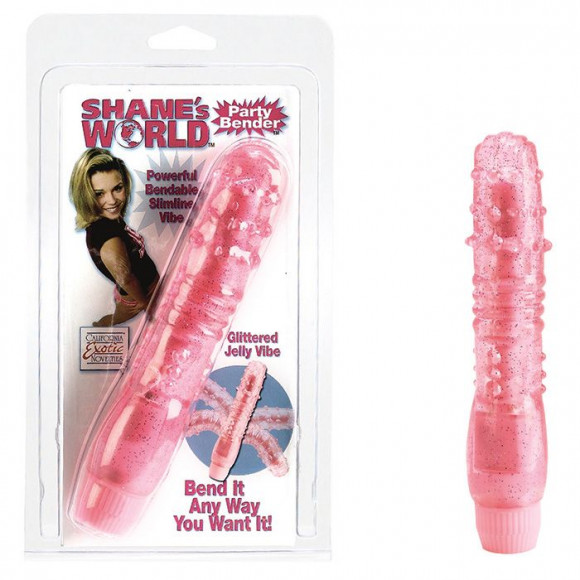 Розовый вибратор с хребтом и блёстками PARTY BENDER - 15,5 см.