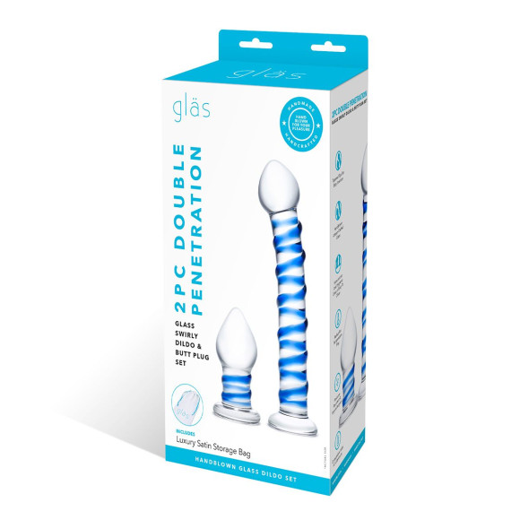 Набор из 2 стеклянных игрушек с синей спиралью Swirly Dildo & Buttplug Set Набор из 2 стеклянных игрушек с синей спиралью Swirly Dildo & Buttplug Set