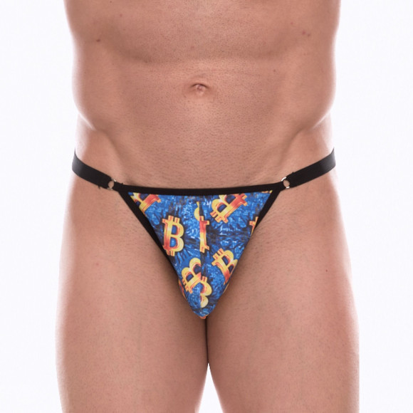 Синие мужские трусы-тонги с разноцветным принтом Синие мужские трусы-тонги с разноцветным принтом