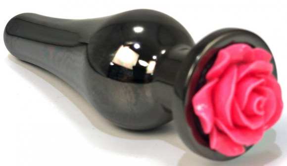 Черная удлиненная анальная пробка с коралловой розой - 12,5 см. Черная удлиненная анальная пробка с коралловой розой - 12,5 см.