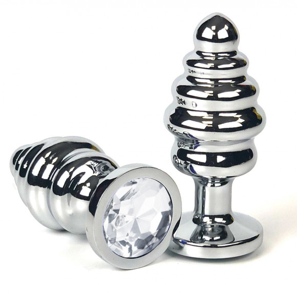 Серебристая ребристая анальная пробка с прозрачным кристаллом - 7 см. Серебристая ребристая анальная пробка с прозрачным кристаллом - 7 см.