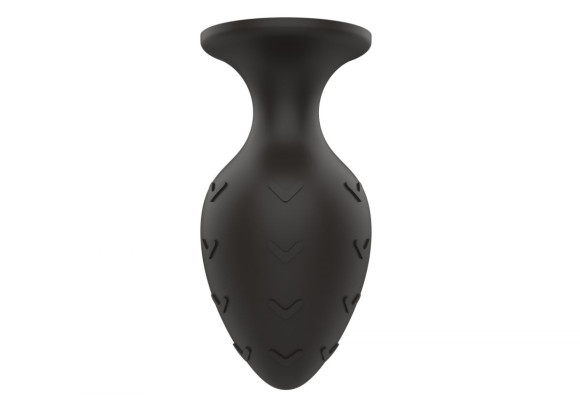 Черная средняя силиконовая анальная пробка с рельефом в виде галочек Черная средняя силиконовая анальная пробка с рельефом в виде галочек