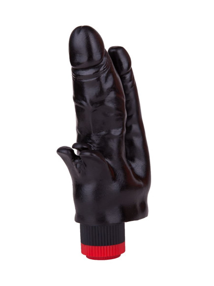 Чёрный вибромассажёр с двумя стволами и лепестками - 17 см. Чёрный вибромассажёр с двумя стволами и лепестками - 17 см.