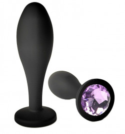 Черная анальная пробка с сиреневым кристаллом - 9,5 см.