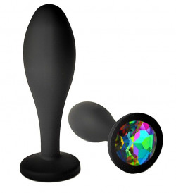 Черная анальная пробка с радужным кристаллом - 7,7 см.