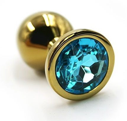 Золотистая алюминиевая анальная пробка с голубым кристаллом - 7 см.