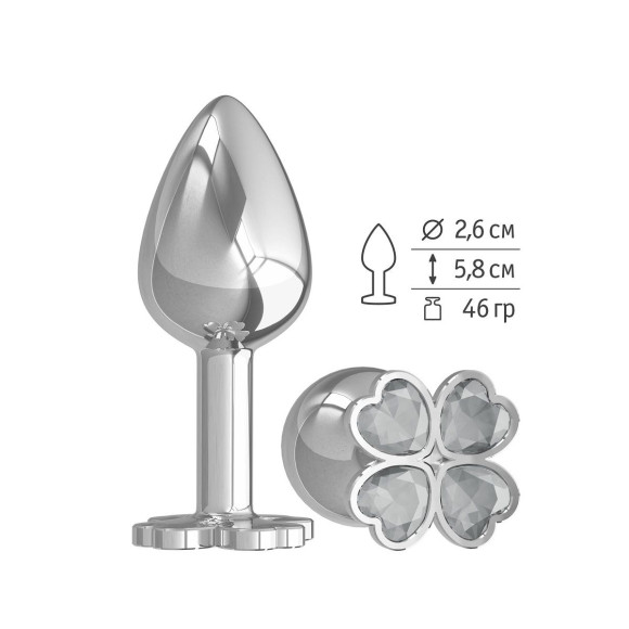 Серебристая анальная втулка с клевером из прозрачных кристаллов - 7 см. Серебристая анальная втулка с клевером из прозрачных кристаллов - 7 см.