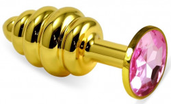 Золотистая ребристая анальная пробка с нежно-розовым кристаллом - 7,5 см. 