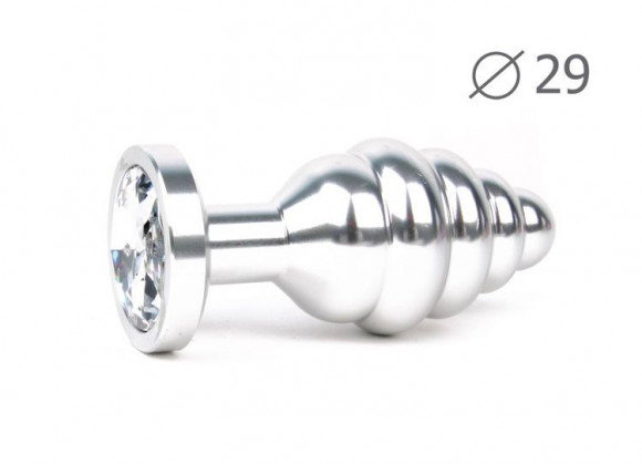 Коническая ребристая серебристая анальная втулка с прозрачным кристаллом - 7,1 см.