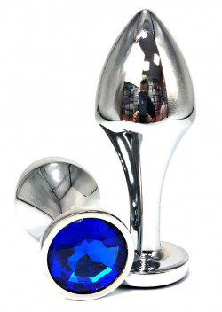 Серебристая анальная пробка на удлиненной ножке с синим кристаллом  - 9 см.