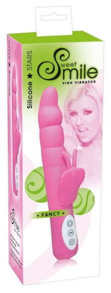 Розовый вибратор со стимулятором-бабочкой - 24 см. Розовый вибратор со стимулятором-бабочкой - 24 см.