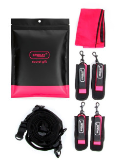 Черно-розовый эротический набор: фиксатор, оковы, наручники, повязка Черно-розовый эротический набор: фиксатор, оковы, наручники, повязка