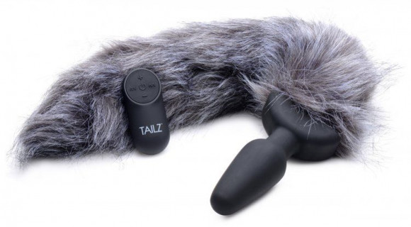Черная анальная вибропробка с серым лисьим хвостом Grey Fox Tail Vibrating Anal Plug Черная анальная вибропробка с серым лисьим хвостом Grey Fox Tail Vibrating Anal Plug