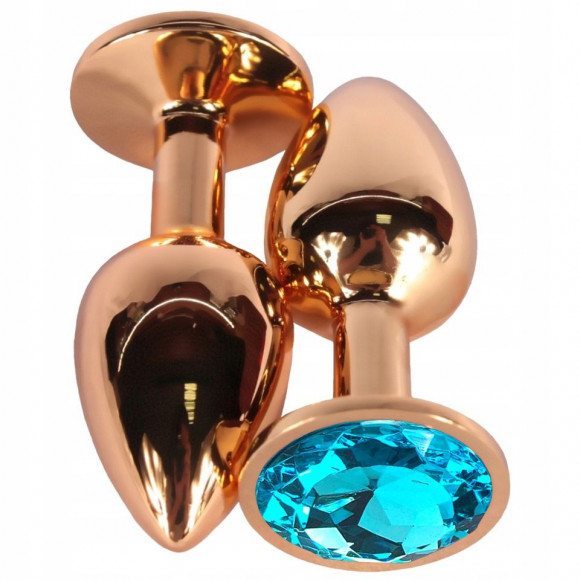 Золотистая гладкая анальная пробка с голубым кристаллом - 6,8 см. Золотистая гладкая анальная пробка с голубым кристаллом - 6,8 см.