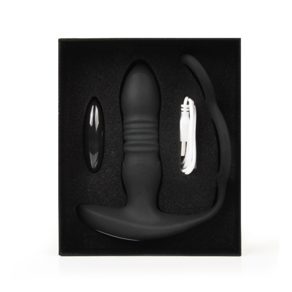 Черный анальный вибромассажёр с возвратно-поступательными движениями и кольцами для фиксации Черный анальный вибромассажёр с возвратно-поступательными движениями и кольцами для фиксации