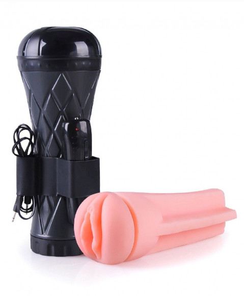 Телесный мастурбатор-вагина в черной колбе с вибрацией