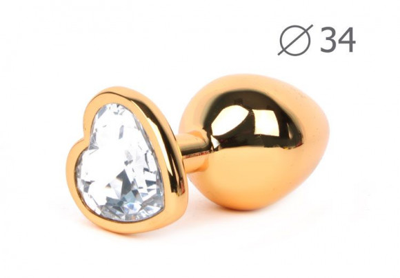 Каплевидная гладкая золотистая анальная втулка с кристаллом-сердечком прозрачного цвета - 8 см. Каплевидная гладкая золотистая анальная втулка с кристаллом-сердечком прозрачного цвета - 8 см.