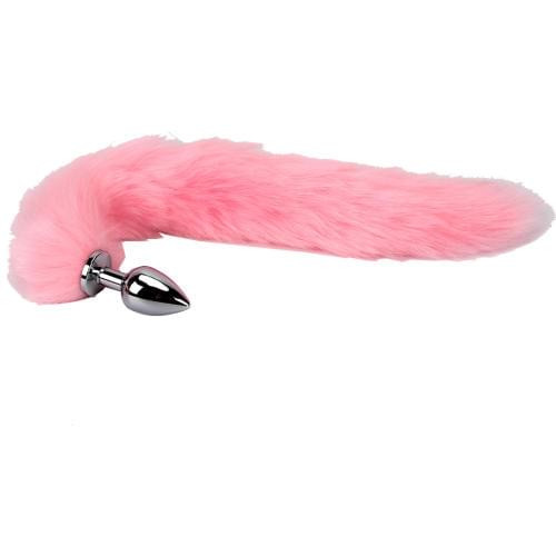 Серебристая анальная пробка с длинным нежно-розовым хвостом