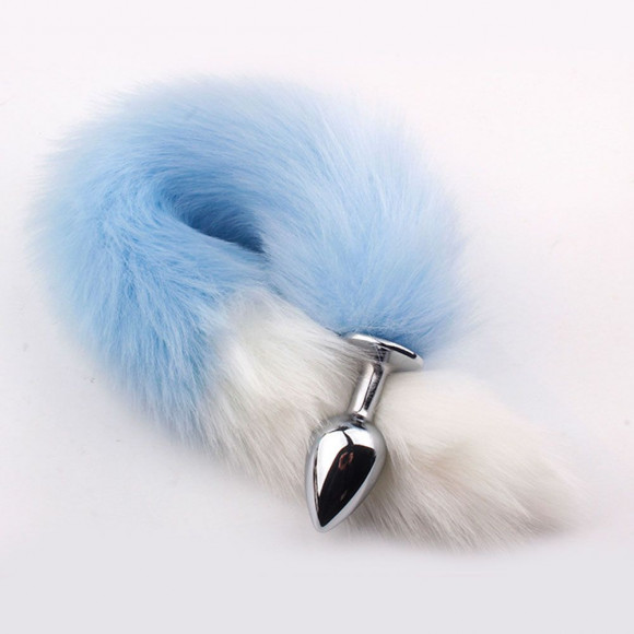 Серебристая анальная пробка с бело-голубым хвостом Серебристая анальная пробка с бело-голубым хвостом