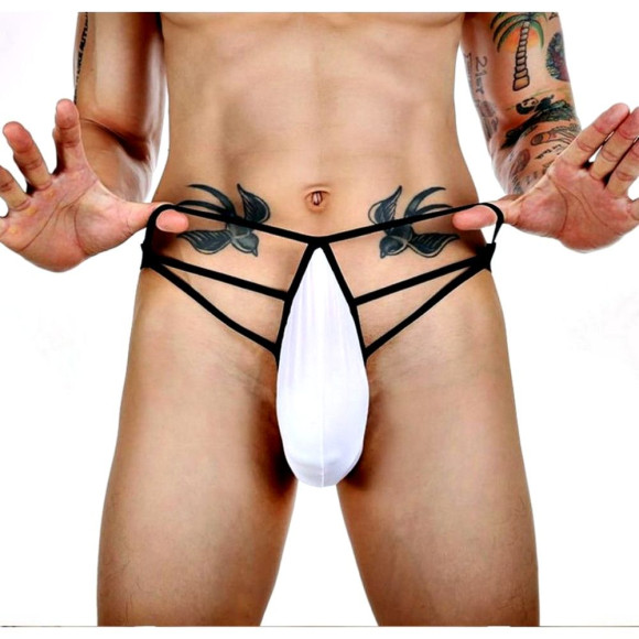 Белые сексуальные трусы-стринги на тонких черных бретелях Белые сексуальные трусы-стринги на тонких черных бретелях