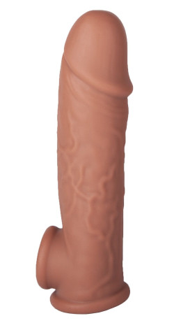 Коричневая удлиняющая насадка с отверстием для мошонки - 18,5 см. Коричневая удлиняющая насадка с отверстием для мошонки - 18,5 см.