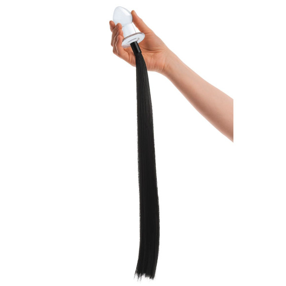 Стеклянная анальная пробка с черным конским хвостом Стеклянная анальная пробка с черным конским хвостом