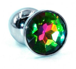 Серебристая малая анальная пробка с радужным кристаллом - 7 см.