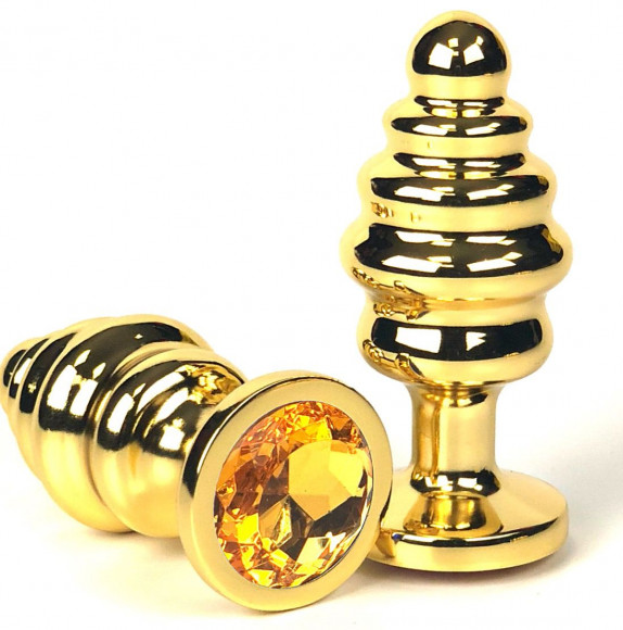 Золотистая ребристая анальная пробка с оранжевым кристаллом - 6 см.