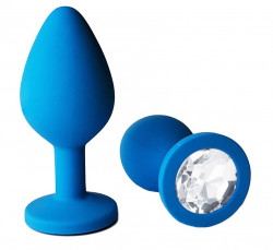 Голубая анальная пробка с прозрачным кристаллом - 9,5 см.