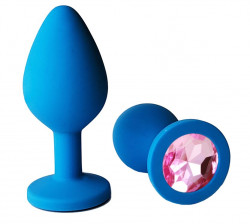 Голубая анальная пробка с нежно-розовым кристаллом - 9,5 см.