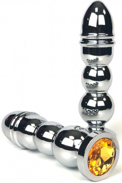 Серебристая анальная пробка-ёлочка с желтым кристаллом - 14,5 см.