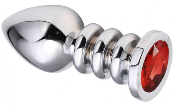 Серебристая анальная пробка на рельефной ножке с красным кристаллом - 9 см.