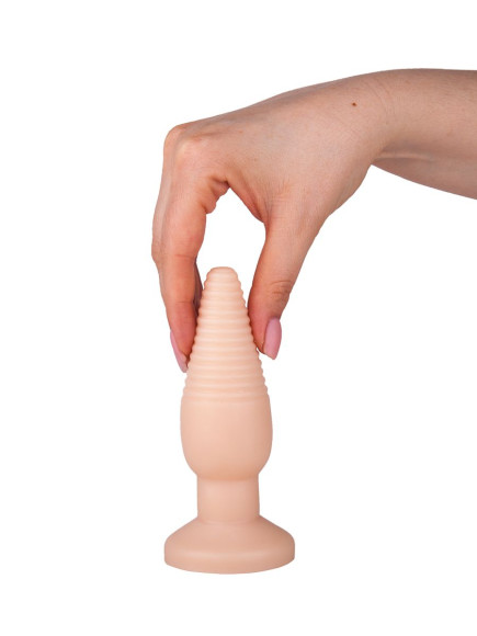 Телесная анальная пробка с рёбрышками - 14 см. Телесная анальная пробка с рёбрышками - 14 см.